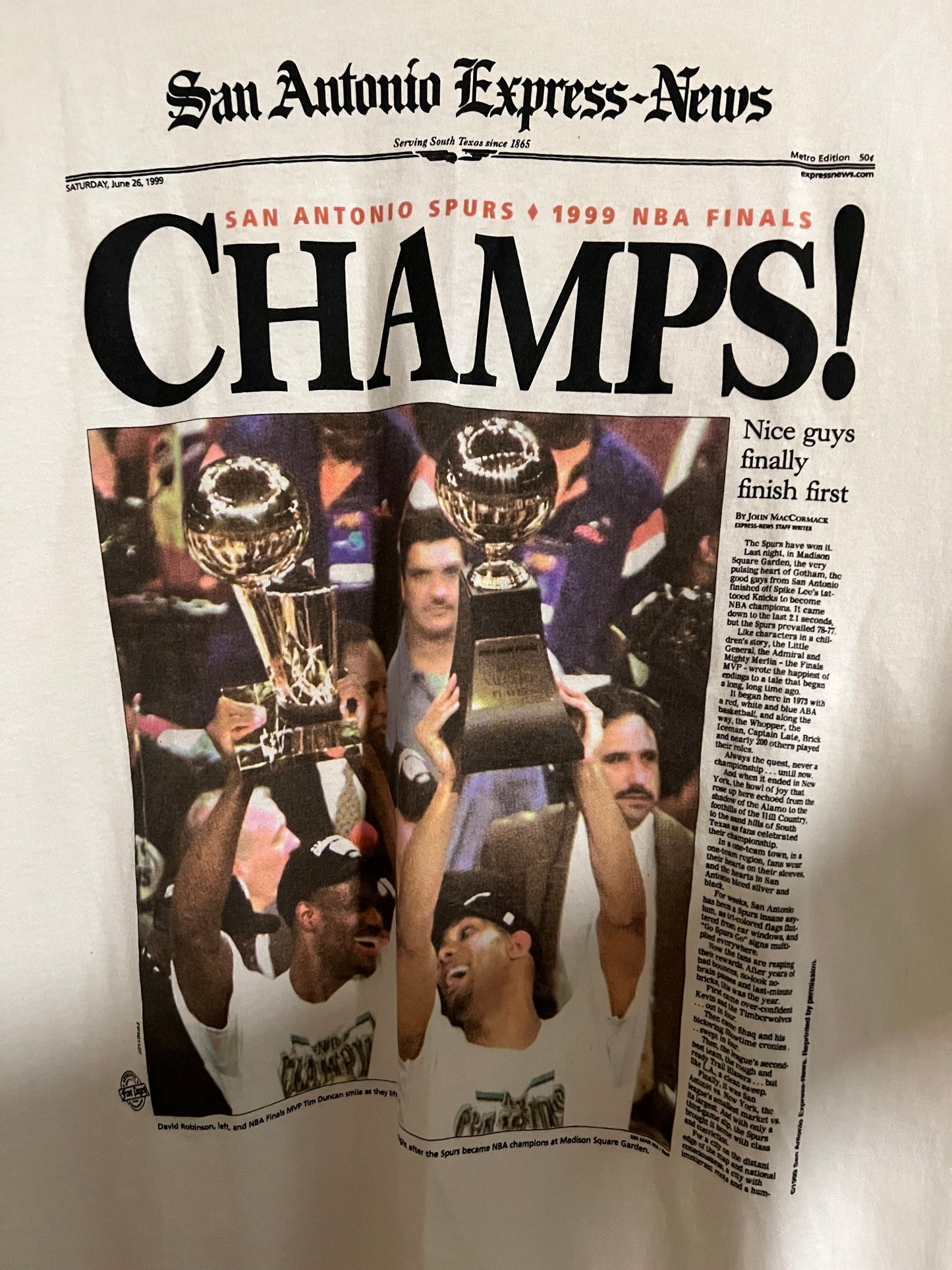 San Antonio Spurs Champions Newspaper 1999